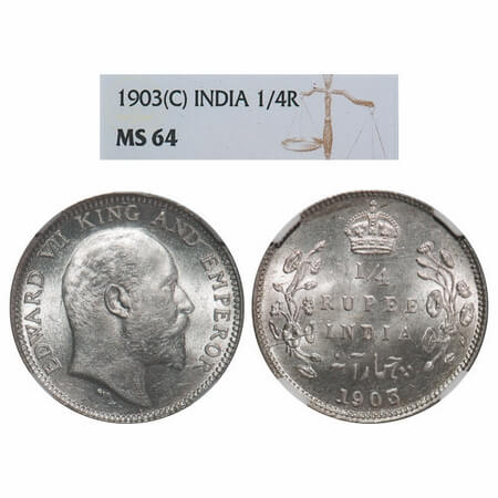 Edward VII, Silver, 1/4 Rupee, 1903, Calcutta Mint, No mint mark. F. Prid 432. GK 972. NGC