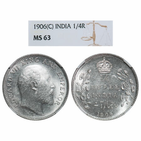 Edward VII, Silver, 1/4 Rupee, 1906, Calcutta Mint, No mint mark. F. Prid 435. GK 975. NGC