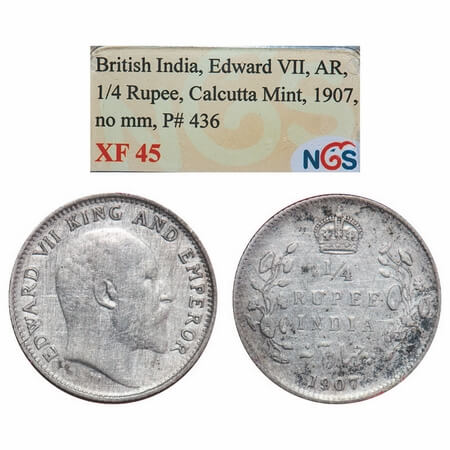 Edward VII, Silver, 1/4 Rupee, 1907, Calcutta Mint, No mint mark. F. Prid. 436. GK 976. NG