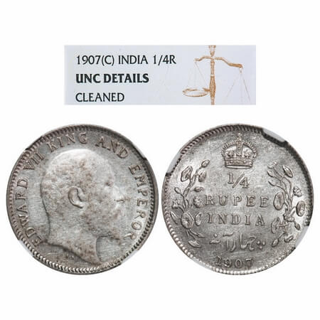 Edward VII, Silver, 1/4 Rupee, 1907, Calcutta Mint, No mint mark. F. Prid. 436. GK 976. NG