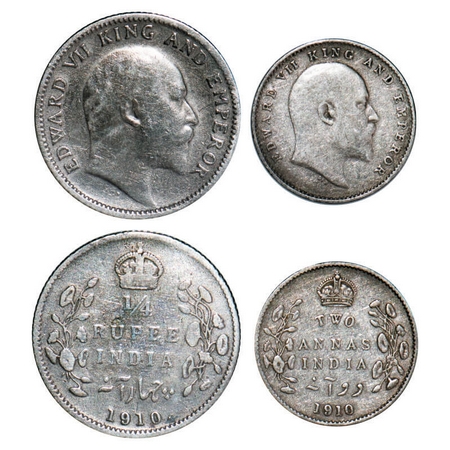 Edward VII, Silver, 1/4 Rupee, 2 Annas, 1910, (2 coins), Calcutta Mint, No mint mark. F. P