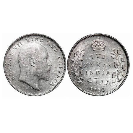 Edward VII, Silver, 2 Annas, 1905, Calcutta Mint, No mint mark. F. Prid 558. GK 982. Uncir