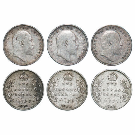 Edward VII, Silver, 2 Annas, (3 coins), 1905, 1906, 1907, Calcutta Mint, No mint mark. F. 