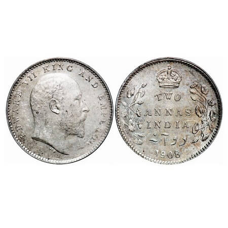 Edward VII, Silver, 2 Annas, 1908, Calcutta Mint, No mint mark. F. Prid 561. GK 985. Uncir