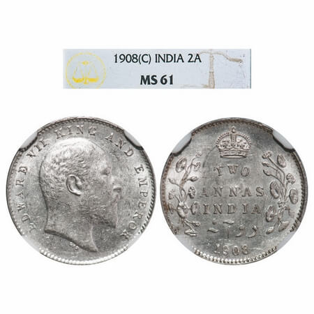 Edward VII, Silver, 2 Annas, 1908, Calcutta Mint, No mint mark. F. Prid 561. GK 985. NGC S