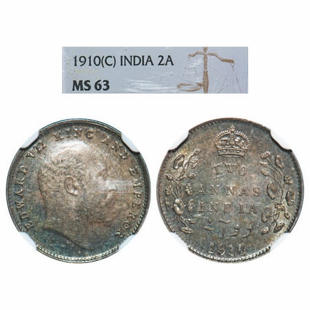 Edward VII, Silver, 2 Annas, 1910, Bombay Mint, Dot, (The slab indicates Calcutta Mint, No