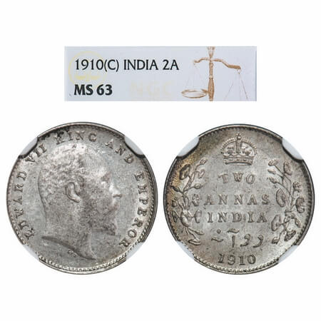 Edward VII, Silver, 2 Annas, 1910, Bombay Mint, Dot, (slab mentions Calcutta mint, No mint