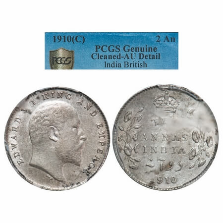 Edward VII, Silver, 2 Annas, 1910, Calcutta Mint, No mint mark. F. Prid 563. GK 987. PCGS 