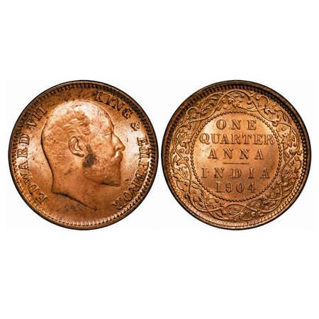 Edward VII, Copper, Quarter Anna, 1904, Calcutta Mint, No mint mark. F. Prid 647. GK 995. 