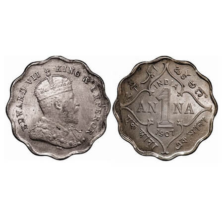 Edward VII, Copper-Nickel, 1 Anna, 1907, Bombay Mint, 'B' incused, Multiple die cracks on