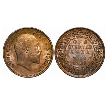 Edward VII, Bronze, Quarter Anna, 1907, Calcutta Mint, No mint mark. F. Prid 652. GK 999. 