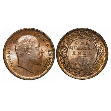 Edward VII, Bronze, Quarter Anna, 1908, Calcutta Mint, No mint mark. F. Prid 653. GK 1000.