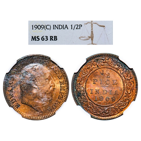 Edward VII, Bronze, 1/2 Pice 1909, Calcutta Mint, No mint mark. F. Prid 743. GK 1010. NGC 
