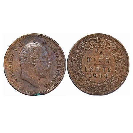 Edward VII, Bronze, 1/2 Pice, 1910, Calcutta Mint, no mint mark. F. Prid 744. GK 1011. Abo