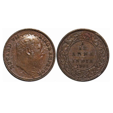 Edward VII, Copper, 1/12 Anna, 1904, Calcutta Mint, No mint mark, Ghost on Obv, Die cracks