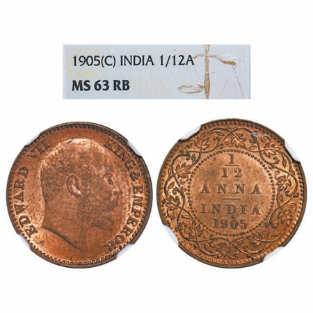 Edward VII, Copper, 1/12 Anna, 1905, Calcutta Mint, No mint mark. F. Prid. 820. GK 1014. N