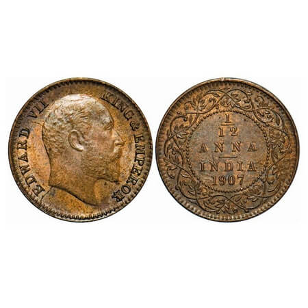 Edward VII, Bronze, 1/12 Anna, 1907, Calcutta Mint , No mint mark. F. Prid 823. GK 1017. U