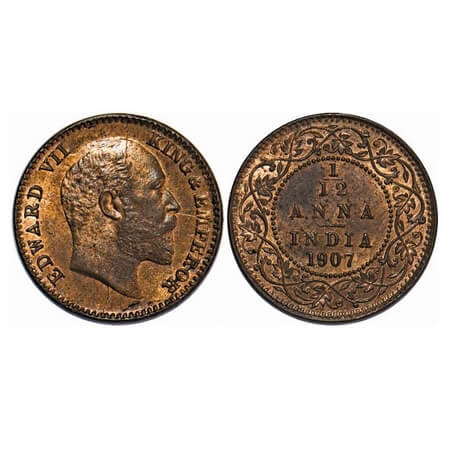 Edward VII, Bronze, 1/12 Anna, 1907, Calcutta Mint , No mint mark, multiple die cracks on 