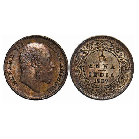 Edward VII, Bronze, 1/12 Anna, 1907, Calcutta Mint, No mint mark. F. Prid 823. GK 1017. Br