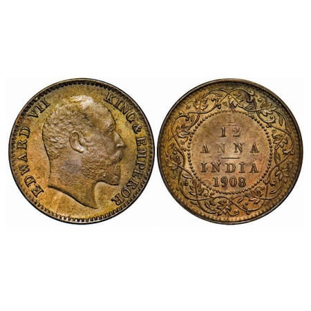 Edward VII, Bronze, 1/12 Anna, 1908, Calcutta Mint , No mint mark. F. Prid 824. GK 1018. U