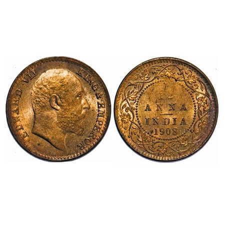 Edward VII, Bronze, 1/12 Anna, 1908, Calcutta Mint , No mint mark. F. Prid 824. GK 1018. B