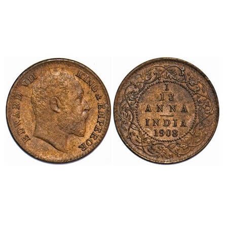 Edward VII, Bronze, 1/12 Anna, 1908, Calcutta Mint, No mint mark, Die cracks on Obv. F. Pr