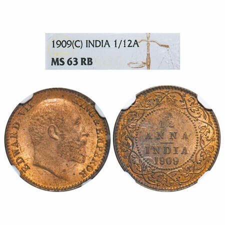 Edward VII, Bronze, 1/12 Anna, 1909, Calcutta Mint, No mint mark. F. Prid. 825. GK 1019. N
