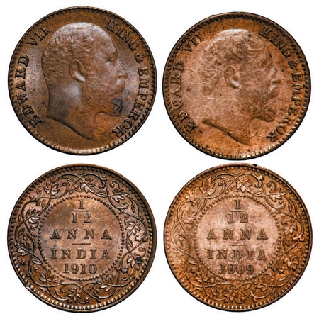 Edward VII, Bronze, 1/12 Anna, (2 coins), 1909, 1910, Calcutta Mint, No mint mark. F. Prid