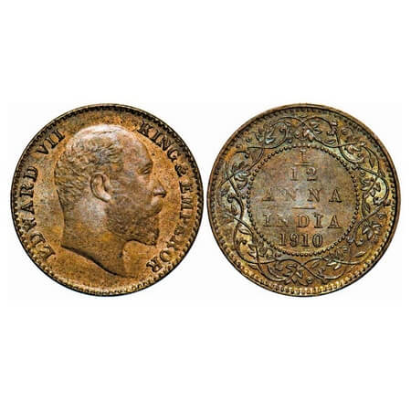 Edward VII, Bronze, 1/12 Anna, 1910, Calcutta Mint, No mint mark. F. Prid 826. GK 1020. Un