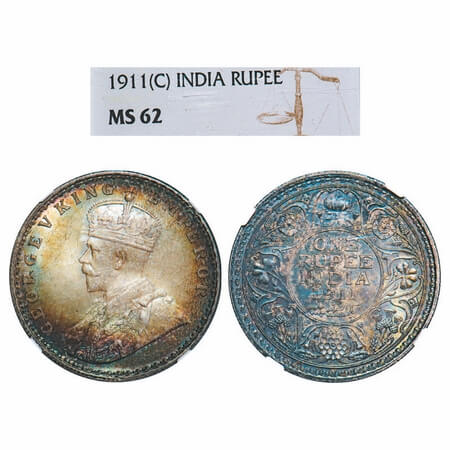 George V, Silver, Rupee, 1911, Calcutta Mint, No dot, Pig-Type. F. Prid 207. GK 1021. NGC 