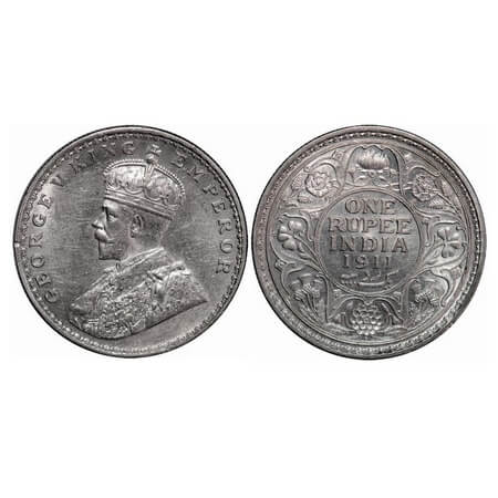 George V, Silver, Rupee, 1911, Bombay Mint, Dot, Pig-Type, Die crack on Rev. F. Prid. 217.