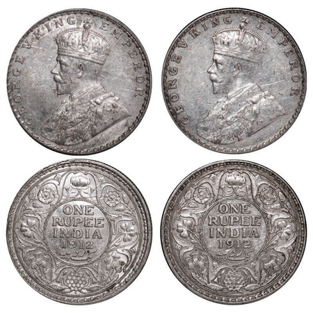 George V, Silver, Rupee, 1912, (2 coins), Bombay Mint, Dot. F. Prid 218. GK 1026. Extremel