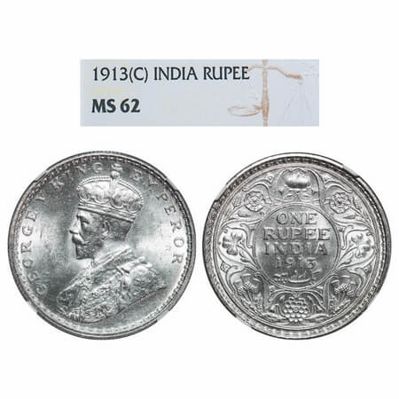 George V, Silver, Rupee, 1913, Calcutta Mint, No dot. F. Prid 209. GK 1027. NGC Slabbed MS