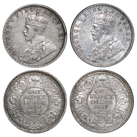 George V, Silver, Rupee, (2 coins), 1913, 1920, Bombay Mint, Dot. F. Prid 219, 226. GK 102