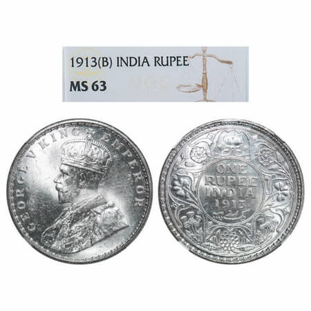 George V, Silver, Rupee, 1913, Bombay Mint, Dot. F. Prid 219. GK 1028. NGC Slabbed MS 63. 