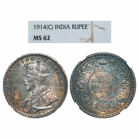 George V, Silver, Rupee, 1914, Calcutta Mint, No dot. F. Prid 210. GK 1029. NGC Slabbed MS