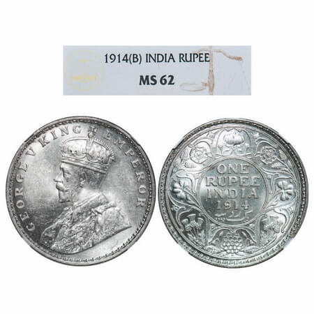 George V, Silver, Rupee, 1914, Bombay Mint, Dot. F. Prid 220. GK 1030. NGC Slabbed MS 62. 