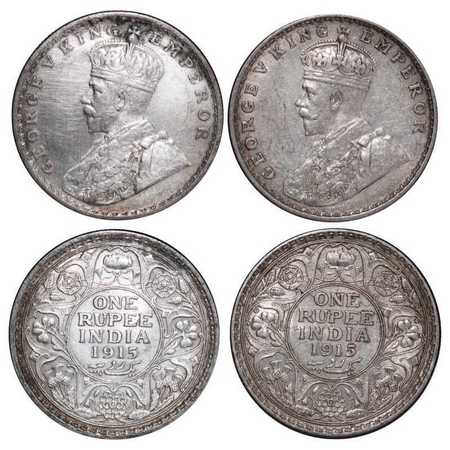 George V, Silver, Rupee, (2 coins), 1915, 1) Calcutta Mint, No dot, 2) Bombay Mint, Dot. F