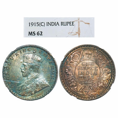 George V, Silver, Rupee, 1915, Calcutta Mint, No dot. F. Prid 211. GK 1031. NGC Slabbed MS