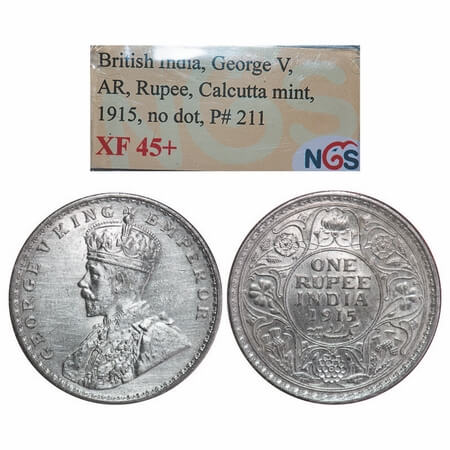 George V, Silver, Rupee, 1915, Calcutta Mint, no dot. F. Prid 211. GK 1031. NGS Slabbed XF
