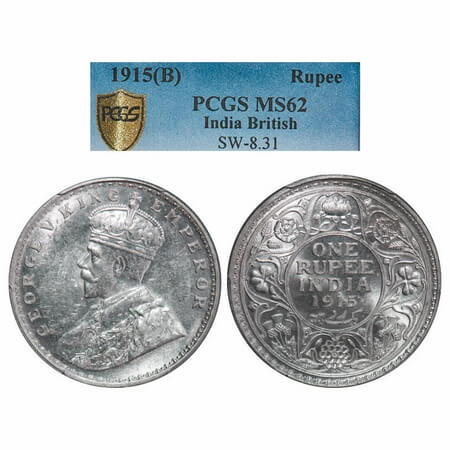 George V, Silver, Rupee, 1915, Bombay Mint, Dot. F. Prid. 221. GK 1032. PCGS Slabbed MS 62