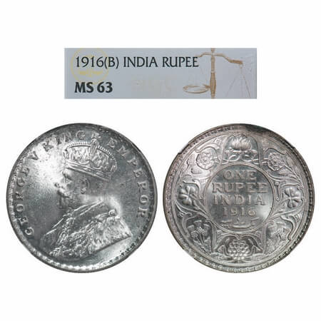 George V, Silver, Rupee, 1916, Bombay Mint, Dot. F. Prid. 222. GK 1034. NGC Slabbed MS 63.