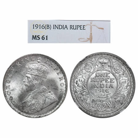 George V, Silver, Rupee, 1916, Bombay Mint, Dot. F. Prid. 222. GK 1034. NGC Slabbed MS 61.