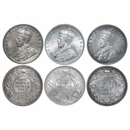 George V, Silver, Rupee, (3 coins), 1916, 1917, 1918, Bombay Mint, Dot. F. Prid 222, 223, 