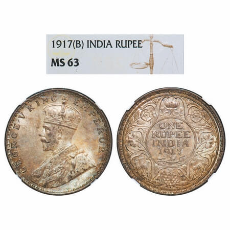 George V, Silver, Rupee, 1917, Bombay Mint, Dot. F. Prid 223. GK 1036. NGC Slabbed MS 63. 