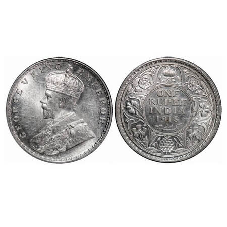 George V, Silver, Rupee, 1918, Bombay Mint, Dot, Raised initials B M(Bertram MacKennal on 