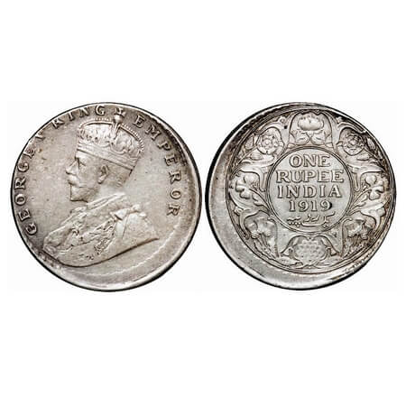 George V, Silver, Rupee, 1919, ERROR, 10% Misaligned die on Obv and Rev. GK 1040 Type. Ext