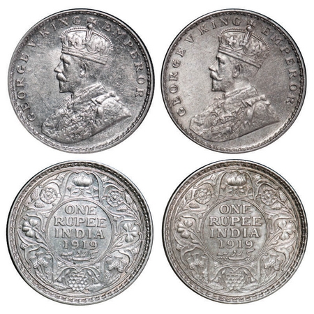 George V, Silver, Rupee, (2 coins), 1919, Calcutta Mint, No dot. F. Prid 215(2). GK 1039(2