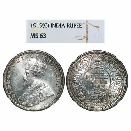 George V, Silver, Rupee, 1919, Calcutta Mint, No dot. F. Prid 215. GK 1039. NGC Slabbed MS