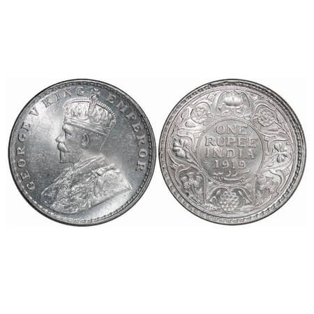 George V, Silver, Rupee, 1919, Bombay Mint, Dot. F. Prid. 225. GK 1040. Brilliant Uncircul